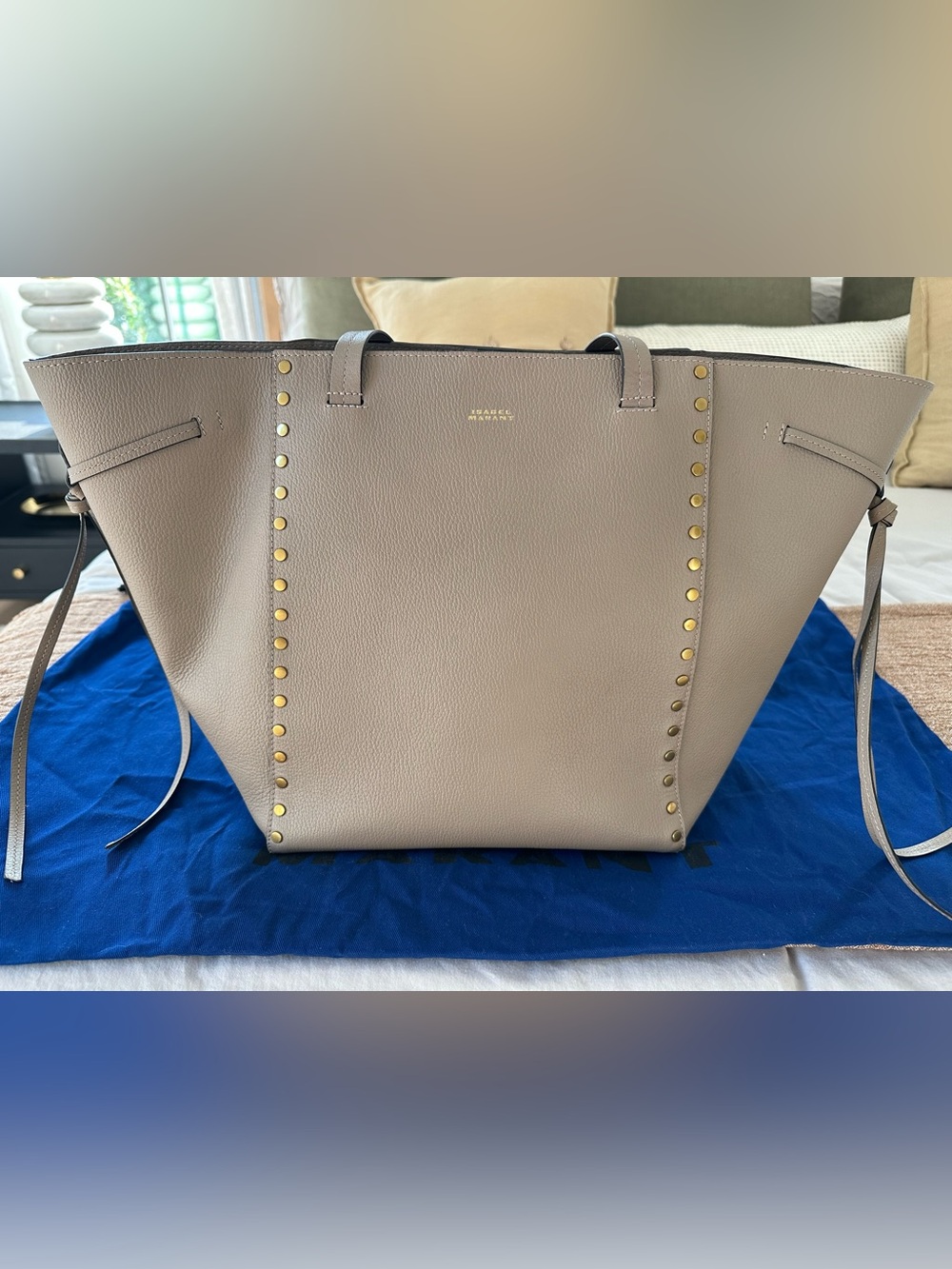 Isabel Marant Oskan Taupe Studded Leather Tote with Gold Accents